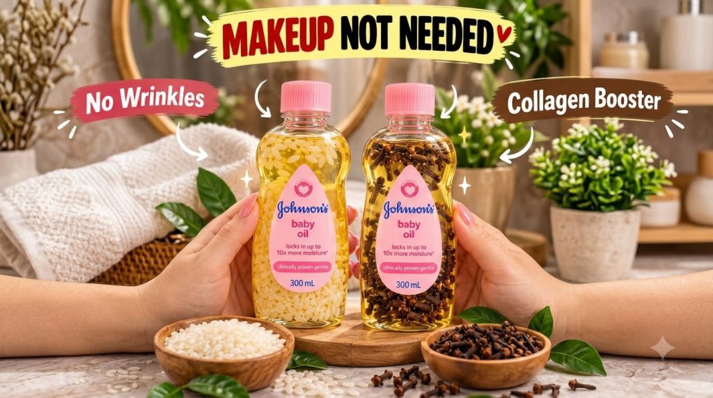Two bottles of baby oil one infused with white rice grains and the other with cloves held by hands Nearby are wooden bow