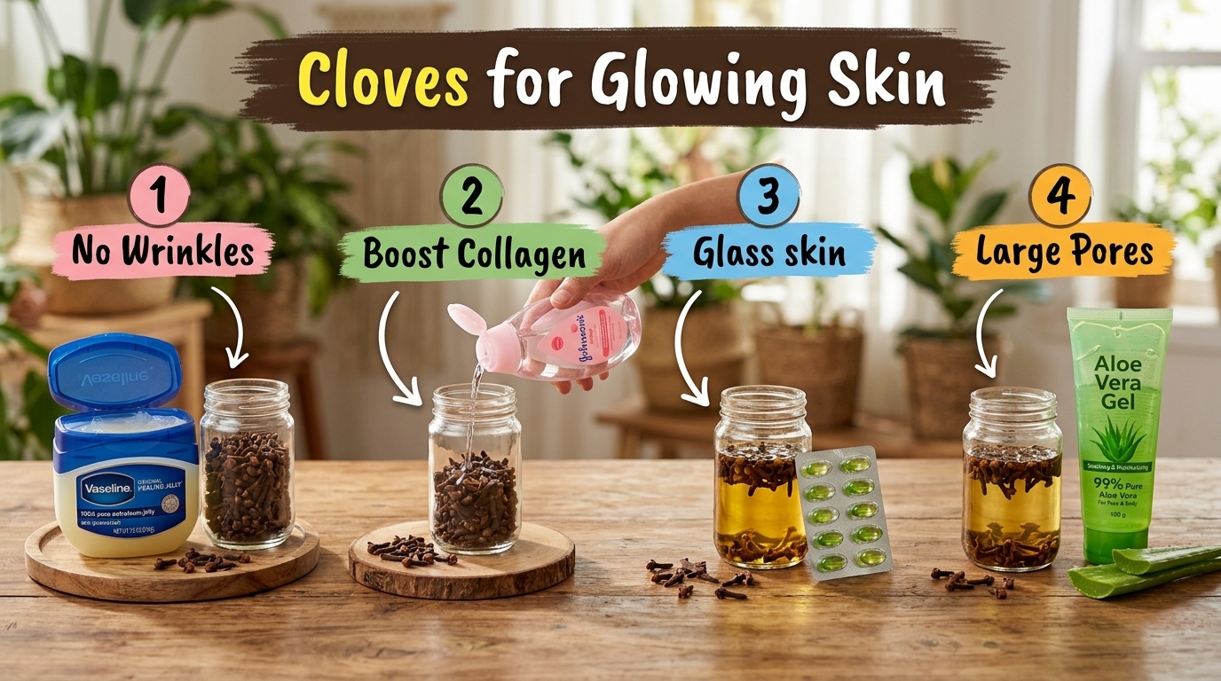 A vertical collage showcasing four DIY clove skincare remedies cloves with Vaseline for wrinkles cloves with baby oil fo