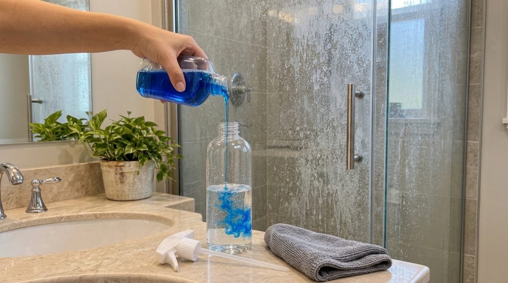 A person s hand pouring vibrant blue dish soap into a spray bottle that already contains clear water In the background a
