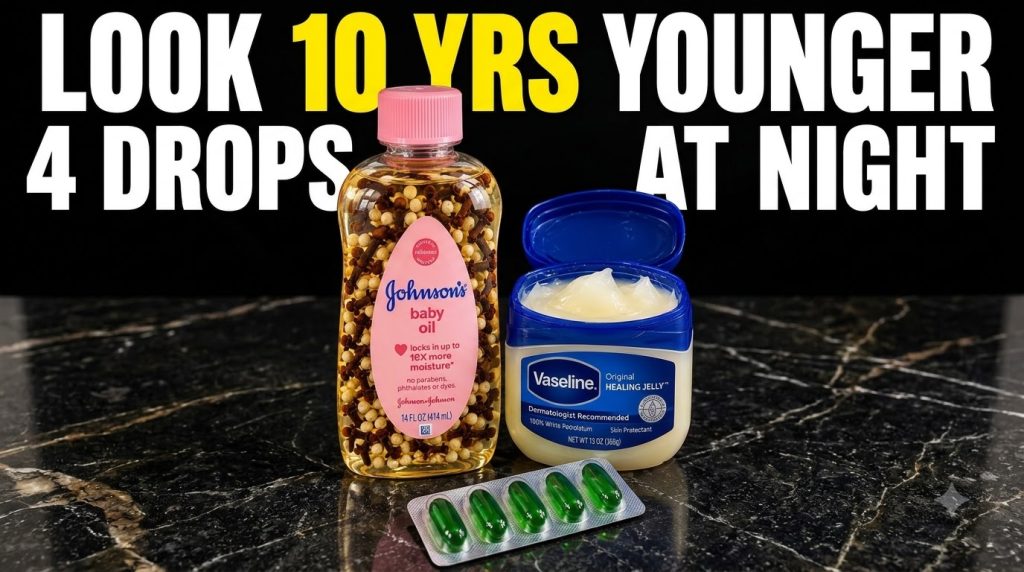 Three beauty products on a dark surface a bottle of baby oil with cloves and pearls an open tub of Vaseline and a bliste