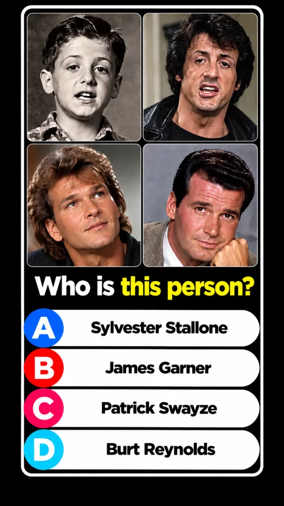 A 2x2 grid featuring a black-and-white photo of a young Burt Reynolds as a boy and adult photos of Sylvester Stallone Pa