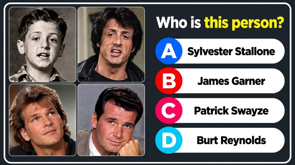 A quiz image featuring a 2x2 grid of celebrity portraits young Sylvester Stallone B W adult Sylvester Stallone color Pat