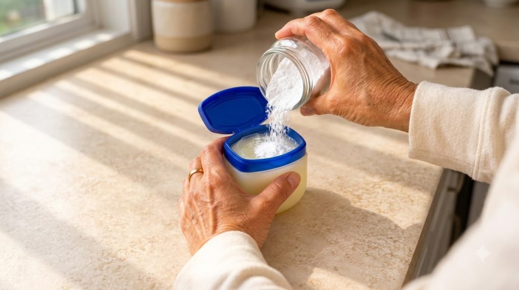 Two hands mixing white powder into a creamy substance in a blue-lidded tub shot from an overhead perspective