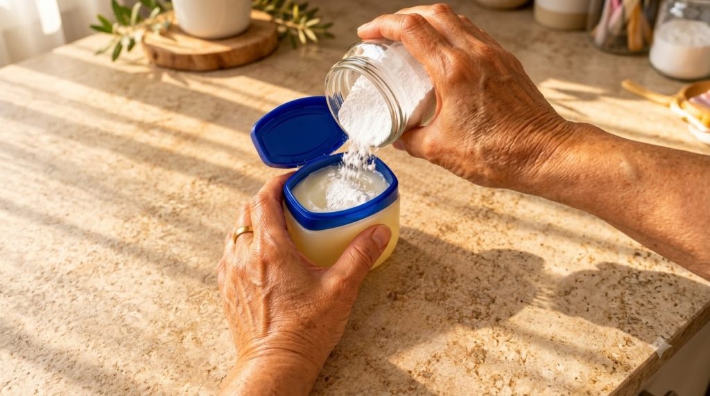 A person s hands pouring white powder from a clear glass jar into an open blue-lidded container of Vaseline with warm na