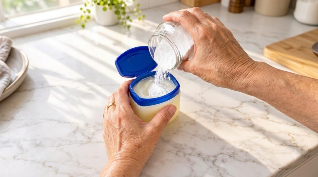 A close-up of two hands in a kitchen one holding an open jar of petroleum jelly the other pouring white powder into it