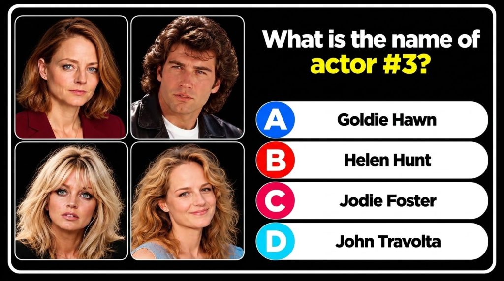 A quiz image showing four celebrity headshots in a 2x2 grid with Goldie Hawn as one of them and a multiple-choice questi