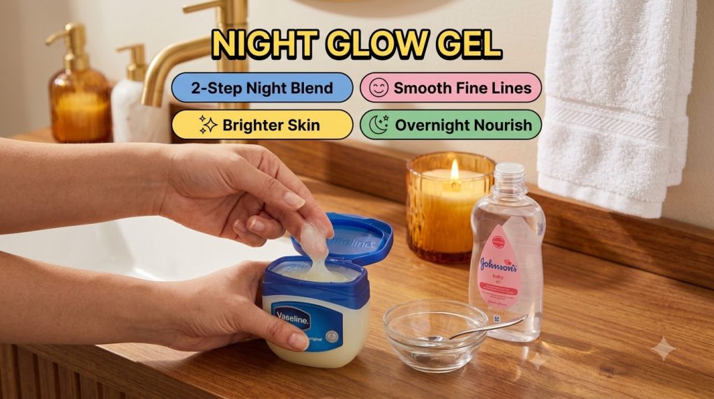 A person s hands gently scooping a gel-like product from a small Vaseline jar with a lit candle baby oil bottle and a sm