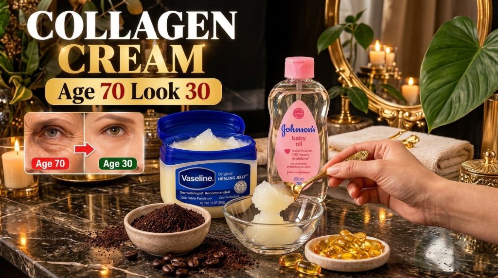 A collection of skincare and DIY beauty ingredients featuring Vaseline Johnson s baby oil ground coffee coffee beans and