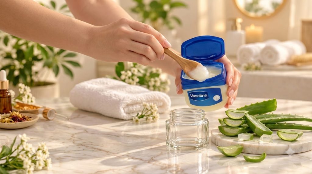 Hands scooping Vaseline petroleum jelly from a jar with a wooden spoon surrounded by aloe vera slices an empty glass jar