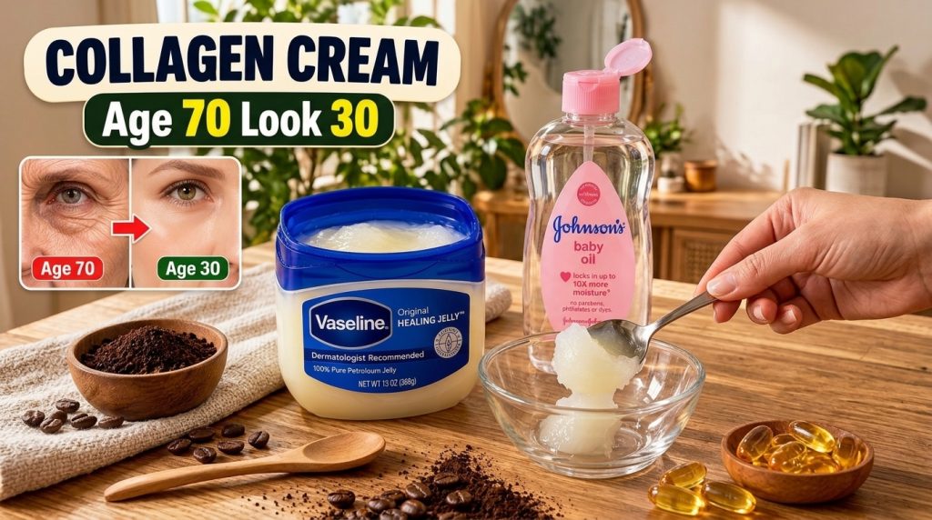 Ingredients for DIY collagen cream including Vaseline baby oil ground coffee coffee beans and vitamin E capsules on a wo