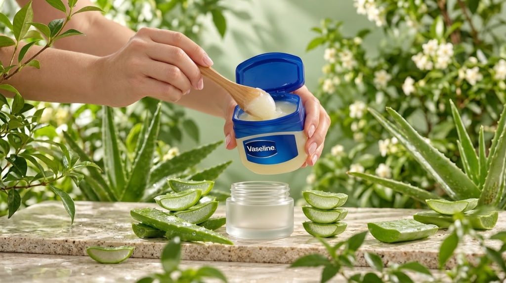 Hands scooping Vaseline from a jar with fresh aloe vera slices and an empty frosted jar suggesting a natural and fresh e
