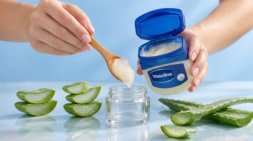 A person s hands holding an open jar of Vaseline with a wooden spoon scooping out some product poised above a small empt