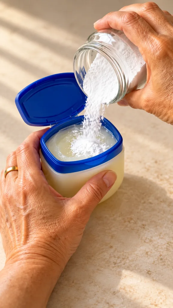Two hands mixing fine white baking soda powder into a container of petroleum jelly with honey and coconut oil nearby