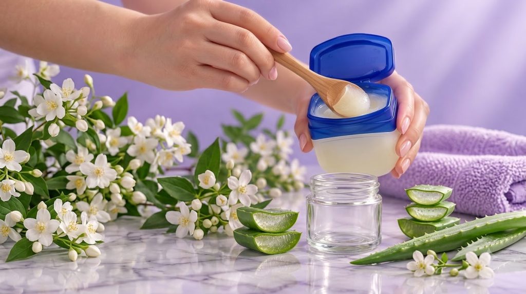 Hands holding an open jar of petroleum jelly with a spoon alongside aloe vera leaves an empty glass jar and jasmine-like