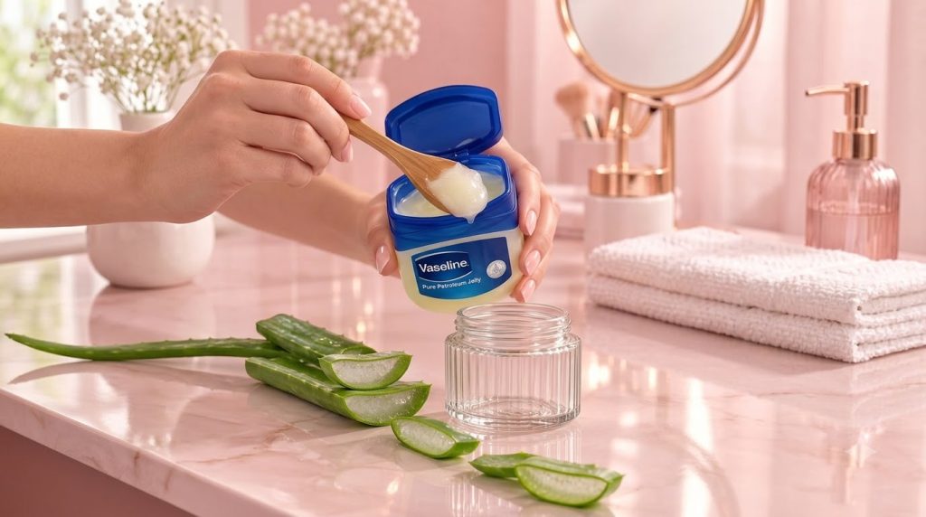 A pair of hands holding an open jar of Vaseline Pure Petroleum Jelly with a wooden spoon scooping out some product Below