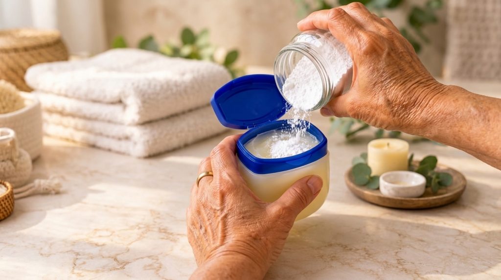Two hands mixing fine white powder from a clear glass jar into an open blue-lidded container of Vaseline in a soft spa o