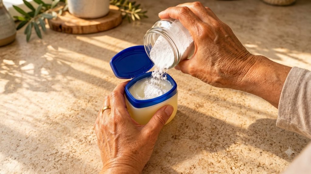 A person s hands mixing fine white powder into an open jar of Vaseline petroleum jelly The scene is a top-down view show