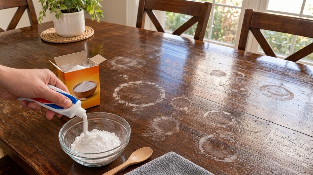 A person s hand squeezing white toothpaste into a bowl of baking soda on a wooden table with visible water stains In the