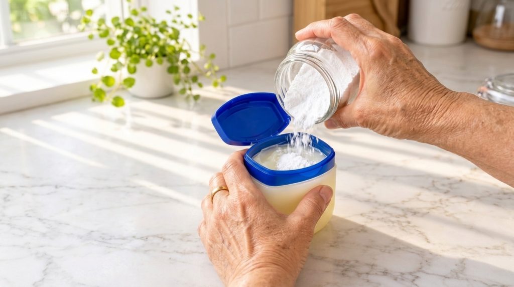 A person s hands in a brightly lit kitchen mixing a fine white powder into an open jar of petroleum jelly Sunlight illum