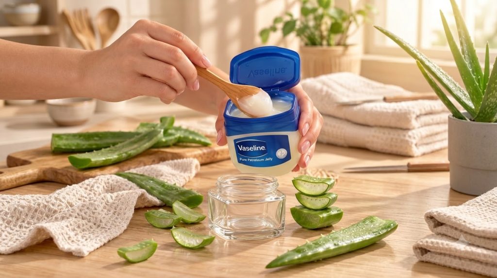 Hands scooping Vaseline from a jar into an empty glass jar surrounded by fresh aloe vera leaves and slices on a wooden s