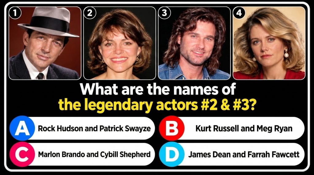A quiz image with a 2x2 grid of four celebrity headshots The top-left features a man in a fedora the top-right a smiling