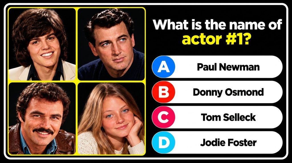 A multiple-choice quiz image showing four celebrity portraits in a 2x2 grid with a question What is the name of actor 1 
