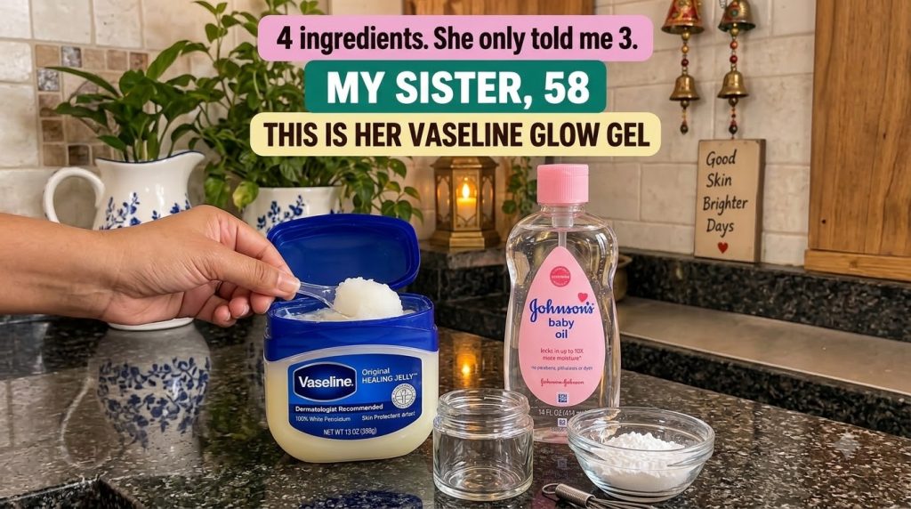 A close-up shot of ingredients for a DIY beauty product a tub of Vaseline a bottle of Johnson s baby oil a small empty g