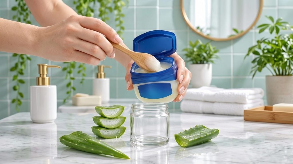 A pair of hands holding an open jar of petroleum jelly with a wooden spoon scooping out some product Below an empty glas