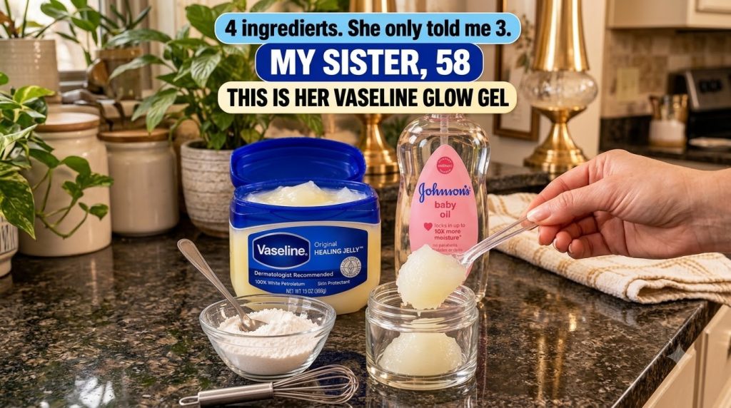 Ingredients for the glow gel laid out on a dark surface including Vaseline baby oil a small bowl of white powder and a h