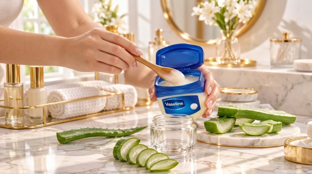 Hands scooping Vaseline from a jar with a wooden spoon next to fresh aloe vera pieces on a marble countertop with an emp