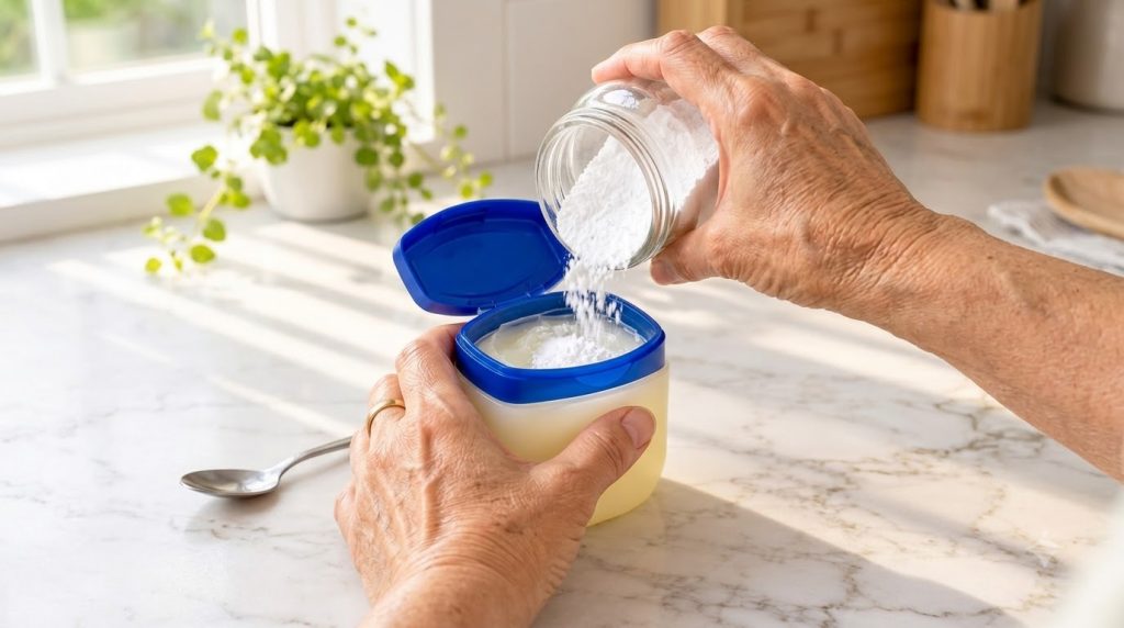 A close-up of hands mixing white powder into a translucent semi-solid substance likely petroleum jelly in a blue and whi