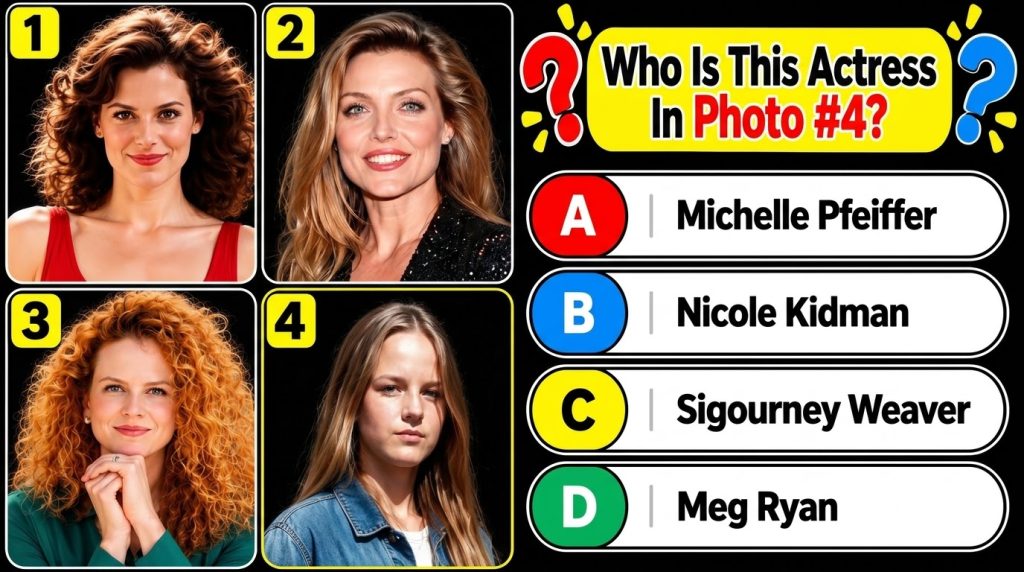 A four-panel quiz showing headshots of different actresses with one panel highlighted asking to identify the actress in