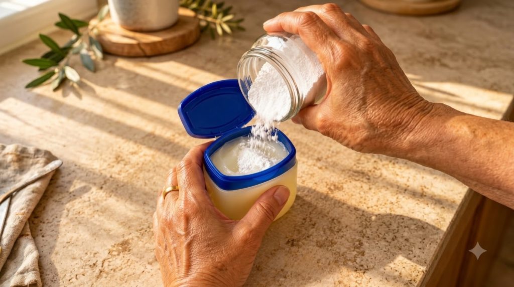A close-up of hands preparing a DIY cosmetic mixture with petroleum jelly and white powder in a well-lit setting