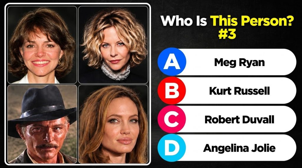 A four-panel celebrity identification quiz image Top-left shows a smiling woman with short brown hair top-right a woman 