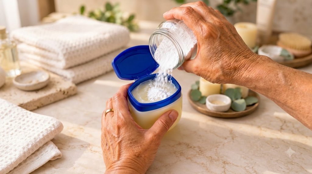 Hands pouring white powder from a small glass jar into an open container of Vaseline petroleum jelly seen from a top-dow