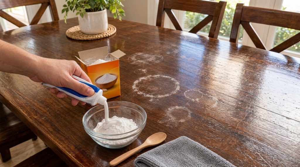 A person s hand squeezing white toothpaste into a glass bowl filled with baking soda on a dark wooden table with water s