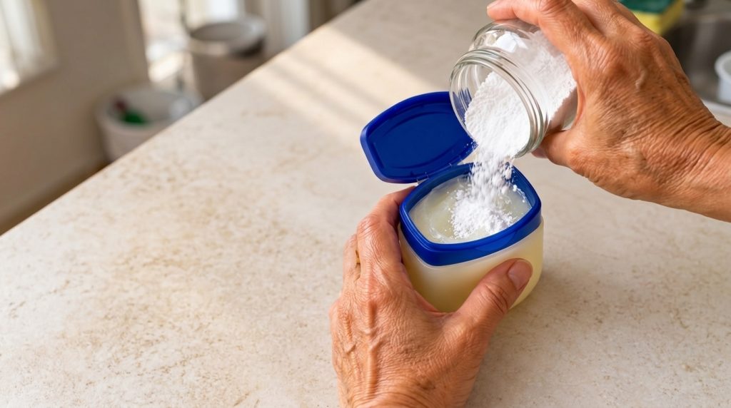 Hands mixing petroleum jelly and white powder in a bowl for a DIY beauty recipe