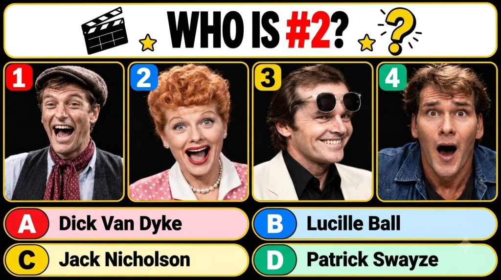 A multiple-choice quiz image showing a look-alike of Lucille Ball with vibrant red hair a wide smile wearing pearls and