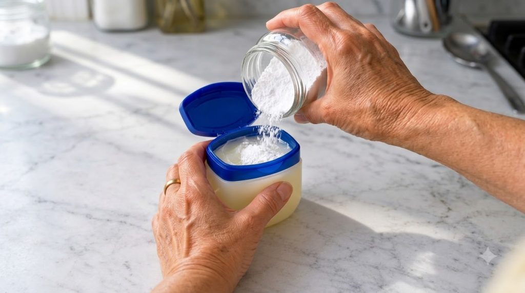 Hands pouring white baking soda powder from a glass jar into an open container of petroleum jelly on a light marble surf