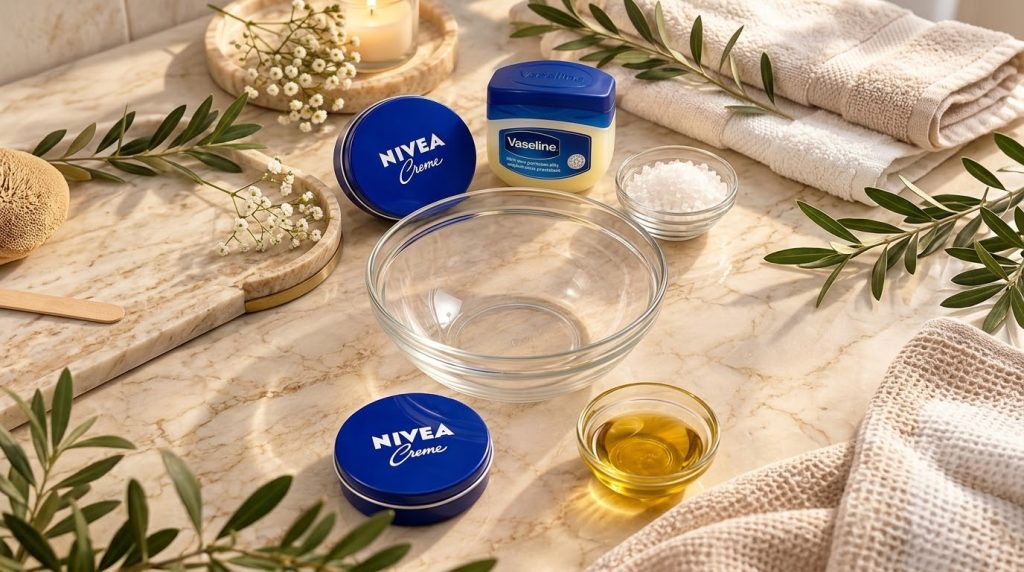 A flat lay of skincare ingredients and products on a marble surface including Nivea Creme Vaseline Petroleum Jelly a mix