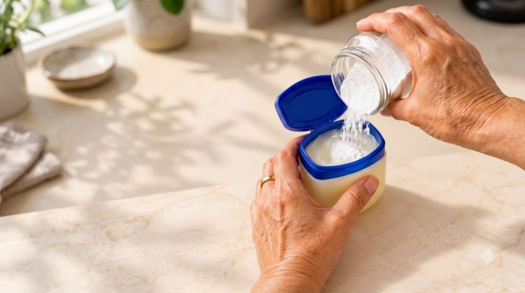 Hands mixing fine white powder from a glass jar into an open container of petroleum jelly