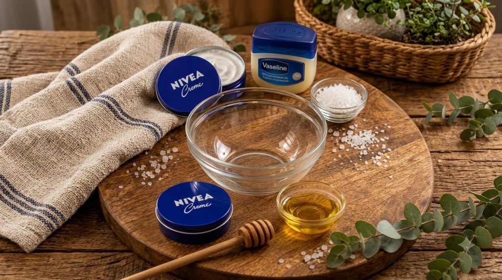 Various skincare ingredients and products on a rustic wooden board including an open jar of Nivea Creme a closed Nivea C