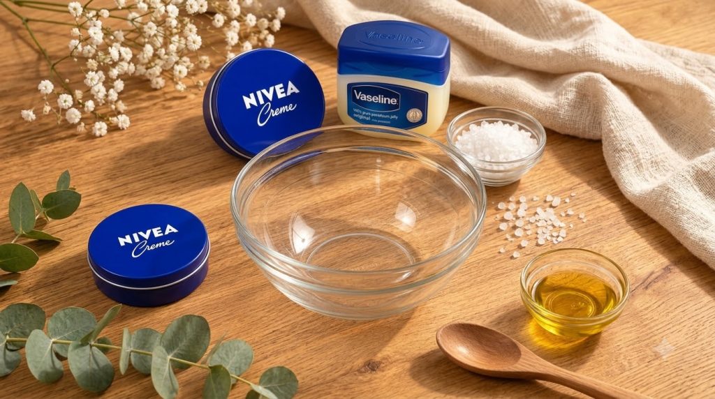 A flat lay of skincare ingredients and tools on a warm wooden table including Nivea Creme tins a Vaseline jar a mixing b
