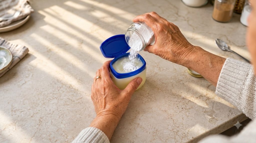 A pair of hands on a light countertop one holding a tub of petroleum jelly the other pouring white powder baking soda fr