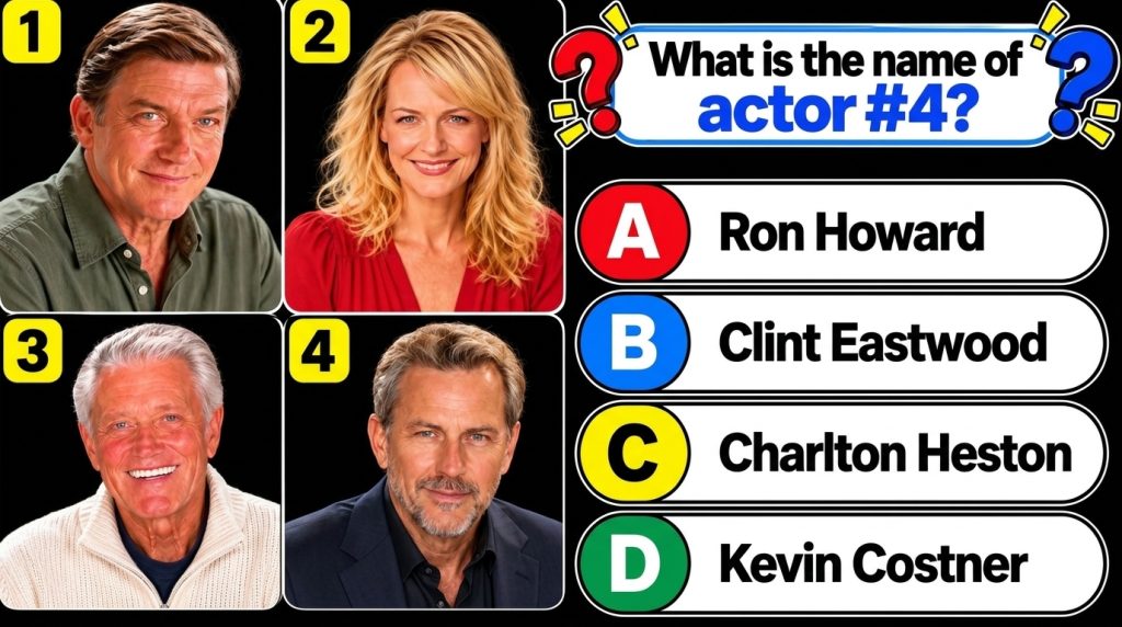 A multiple-choice quiz image with four headshots of actors arranged in a 2x2 grid A question asks to identify actor 4