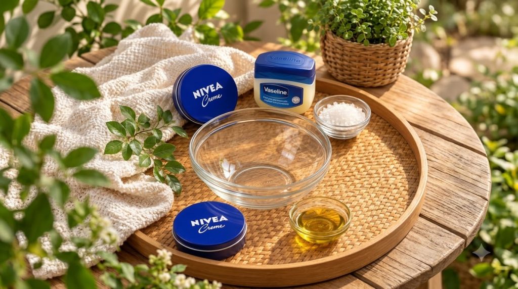 A flat lay of skincare ingredients and products including Nivea Creme Vaseline a bowl of oil and a bowl of sea salt arra