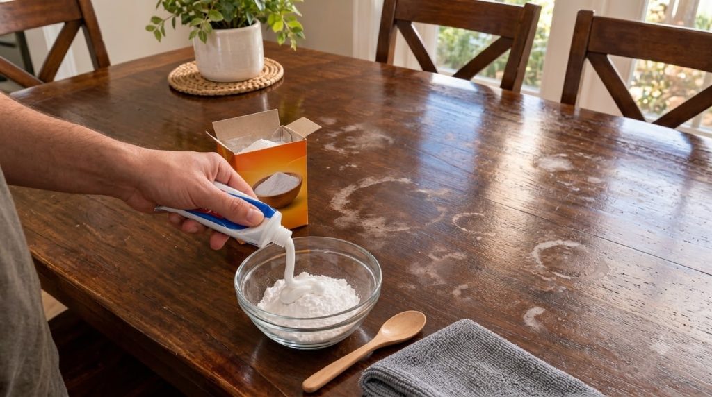 A hand squeezing white toothpaste into a glass bowl filled with baking soda on a wooden table showing water stains