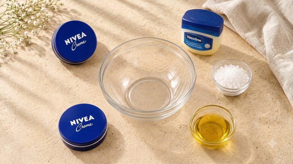 An overhead shot of NIVEA Creme tins a Vaseline jar a glass mixing bowl a small bowl of white granular crystals and a sm