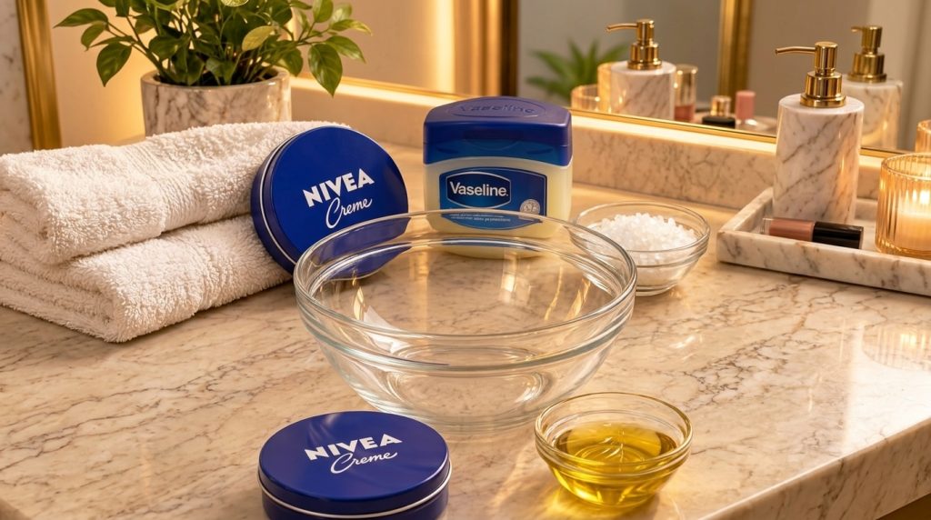 Various skincare ingredients on a marble countertop including Nivea Creme Vaseline an empty mixing bowl a bowl of golden