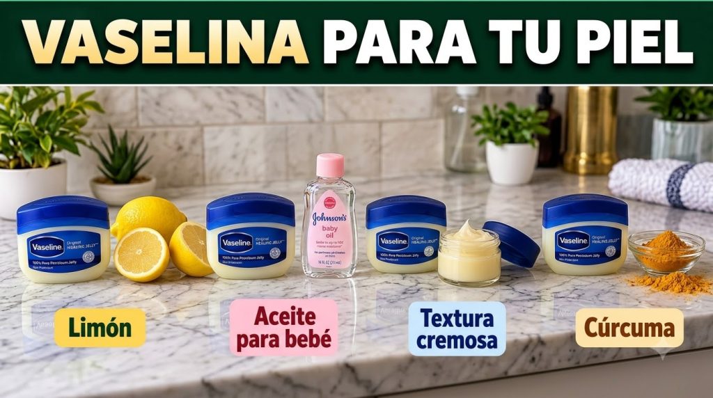 An infographic collage showing VASELINA PARA TU PIEL at the top followed by four sections Each section displays a tub of